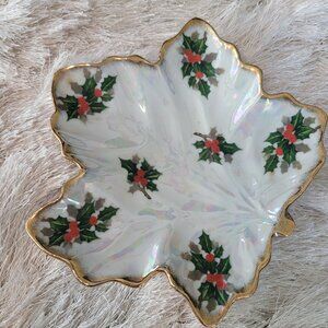 Vintage Candy Dish Holly Iridescent Lusterware Christmas White